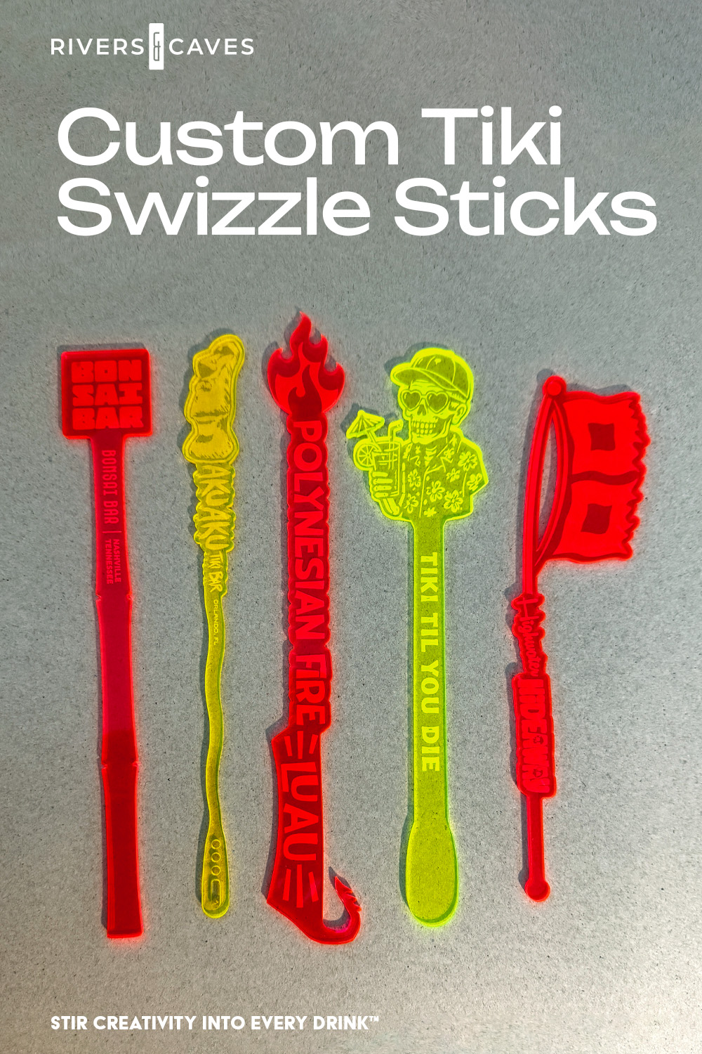 Custom Tiki Swizzle Sticks_Pinterest Flat Lay of a Small Batch Custom Drink Stirrers_What to Know Before Ordering and Why Small Runs Change the Math.